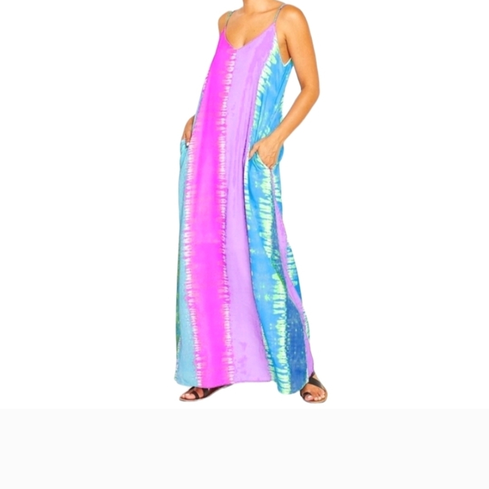 Peach Love California Pink, Blue & White Tie-Dye Maxi Dress